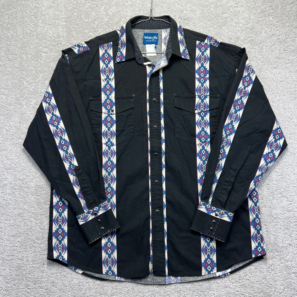 VINTAGE Wrangler‎ Western Shirt XXL Black Aztec Pearl Snap Long Sleeve Cowboy